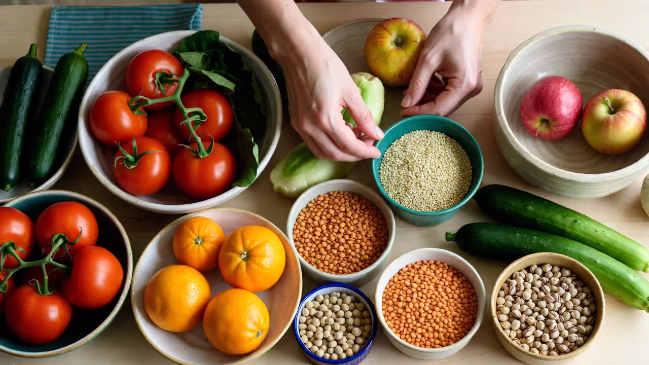 Fresh plant-based foods arranged on a wooden table to illustrate a non-violent yoga diet