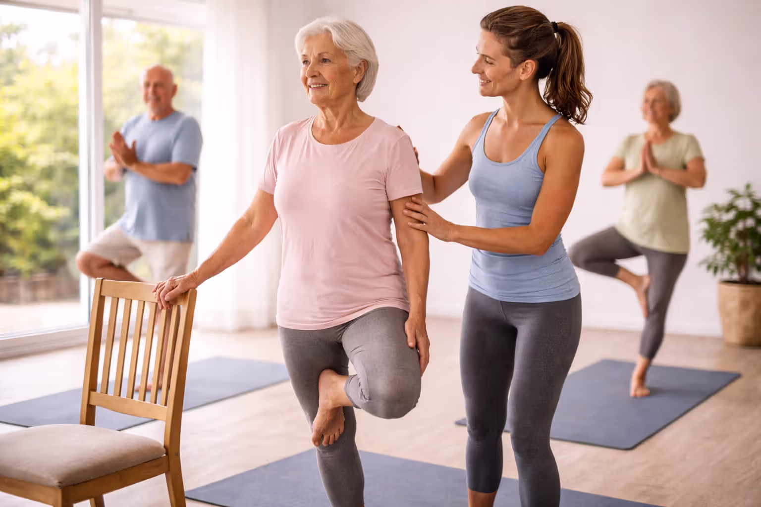 Senior woman practicing Tree Pose with chair support during a yoga class