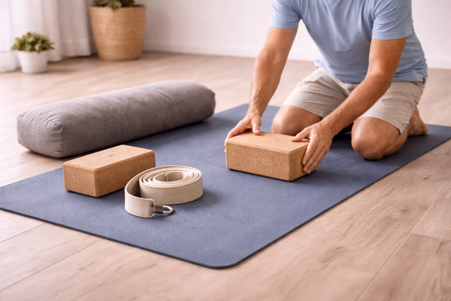 Yoga mat, blocks, strap, and cushion arranged for senior yoga practice