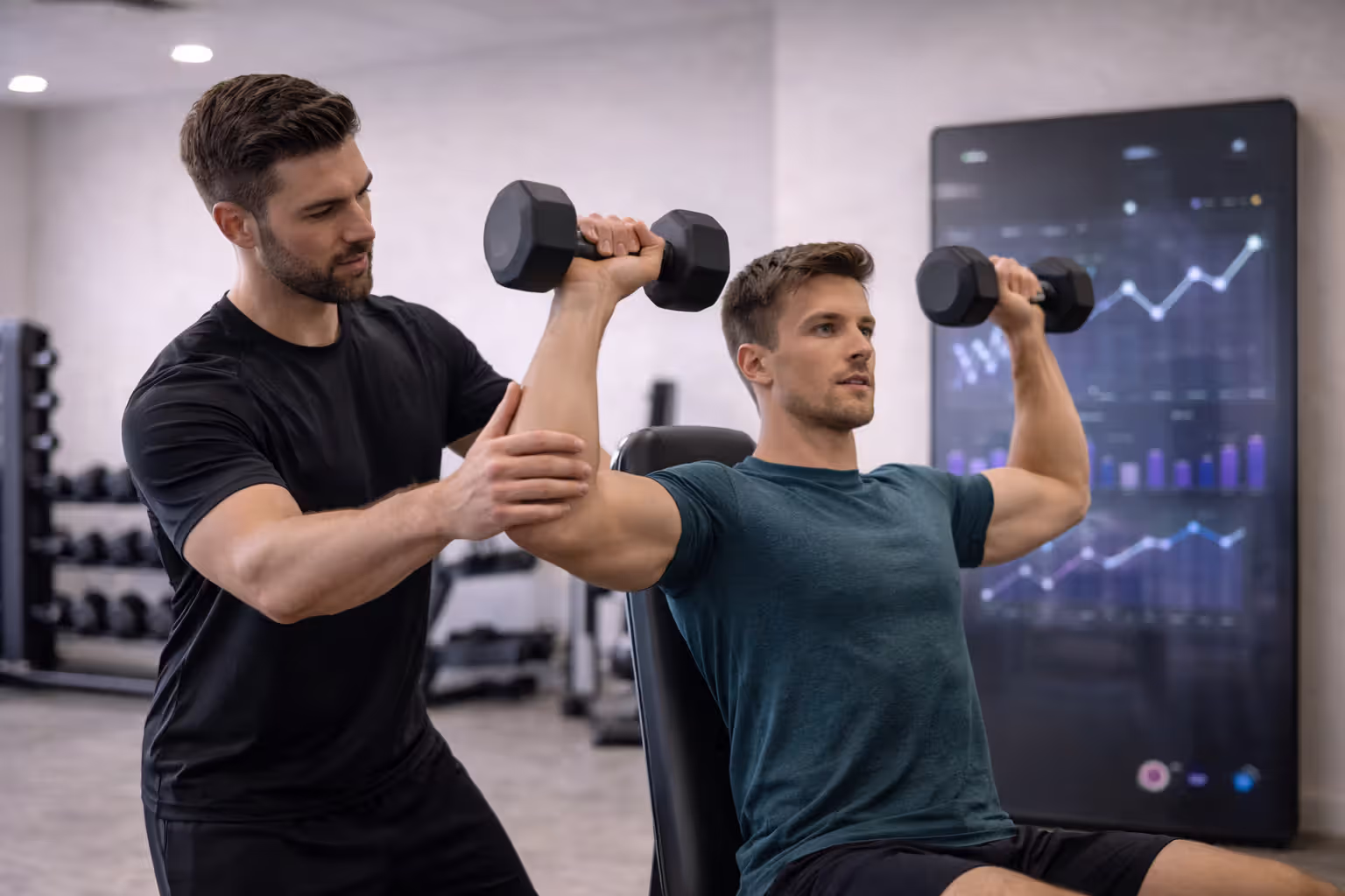 Personal trainer coaching a client in a gym with smart fitness technology in the background.