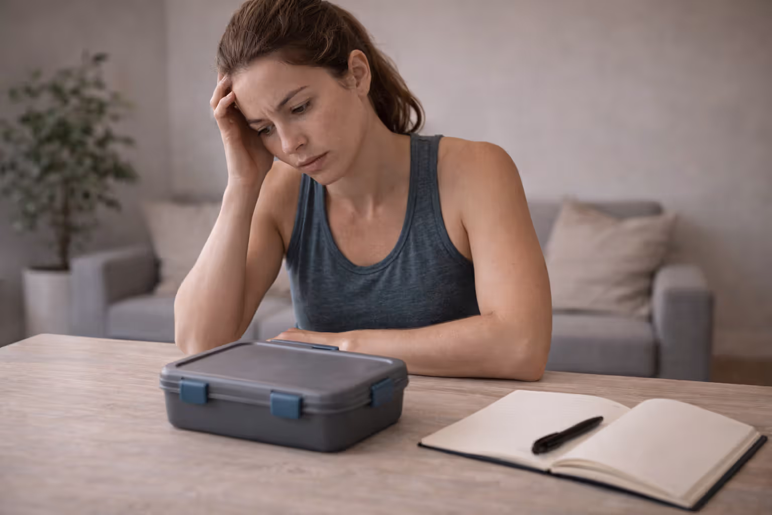 Woman looking stressed at closed lunchbox and food journal, representing potential risks of restrictive fasting