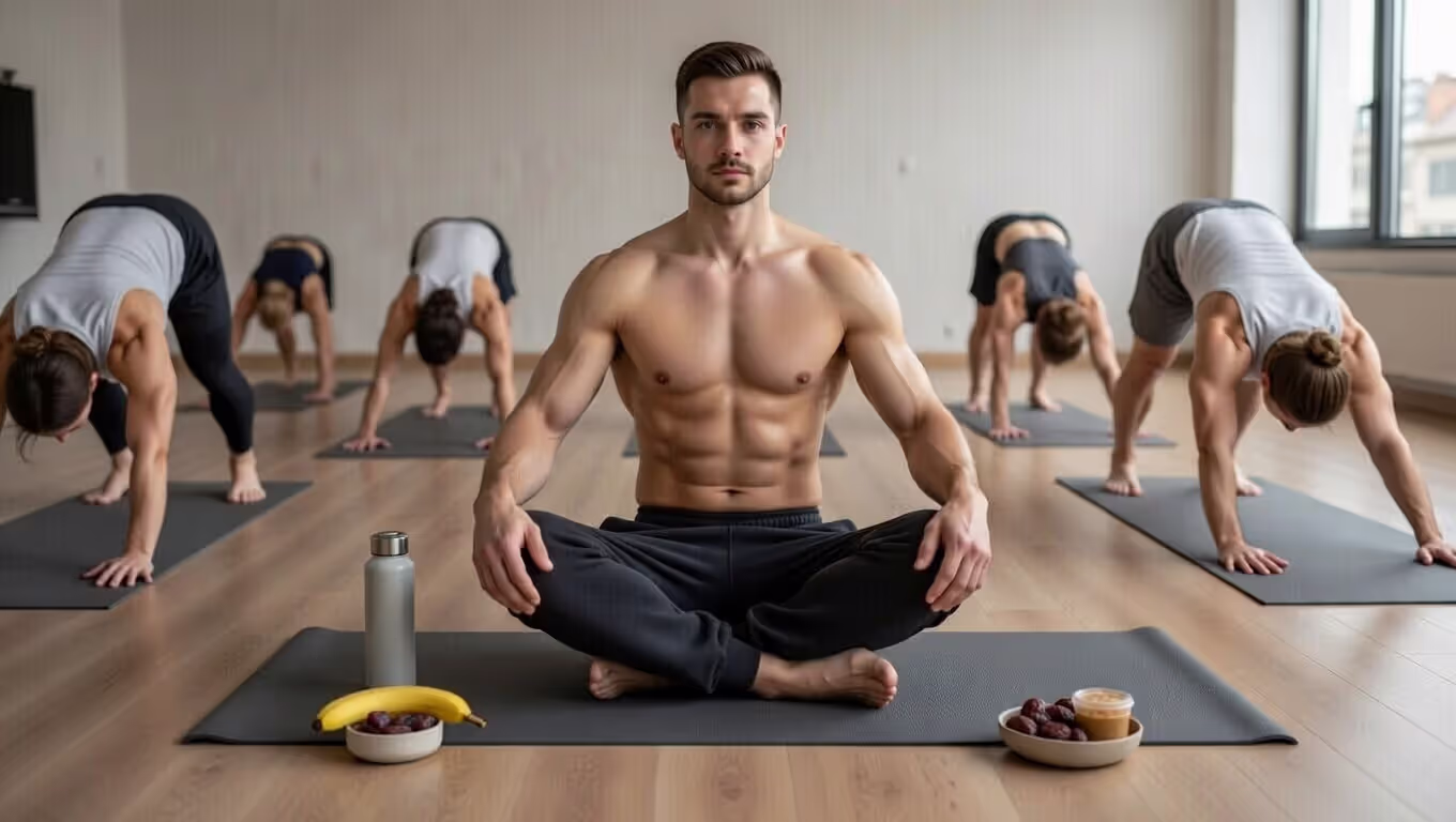 Comparison of sweat-soaked cotton sweatpants and moisture-wicking compression leggings during hot yoga.