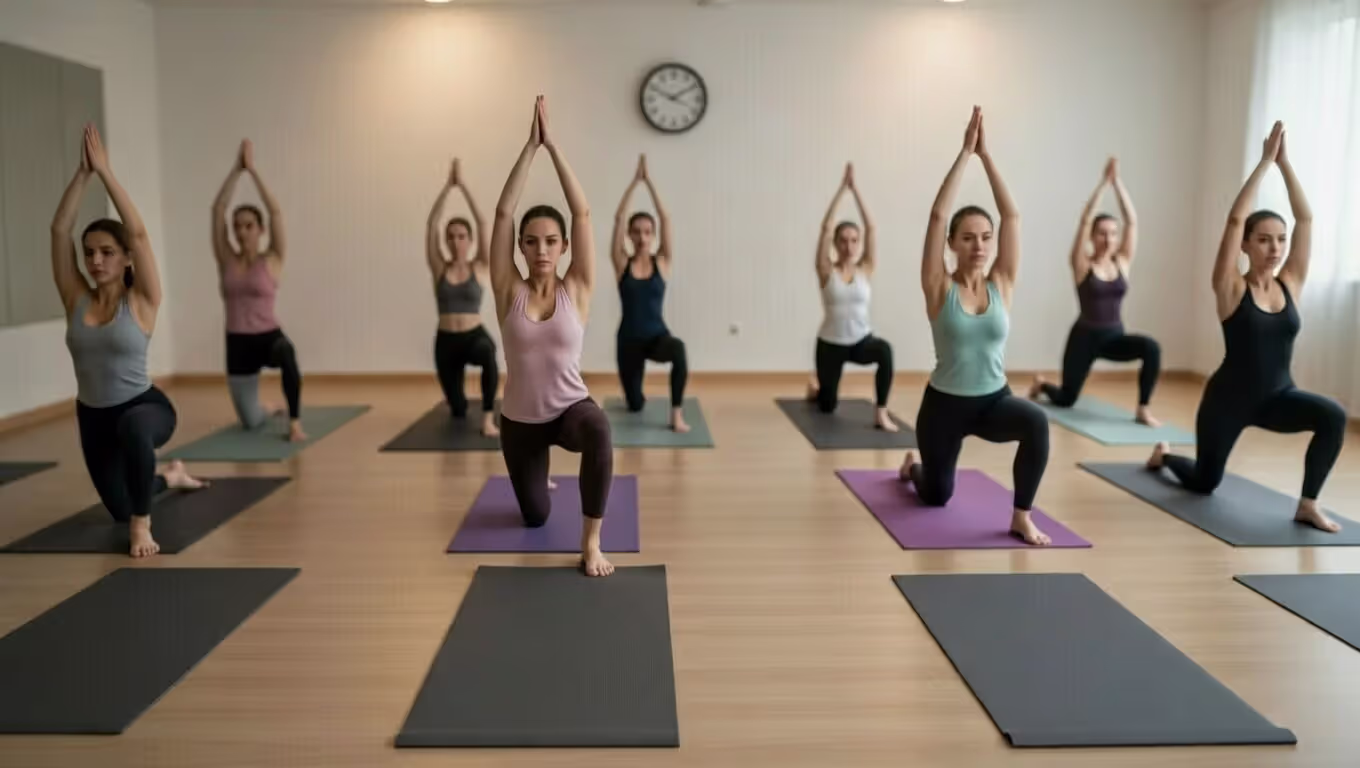 Yoga teacher trainees practicing early morning session during an intensive program.