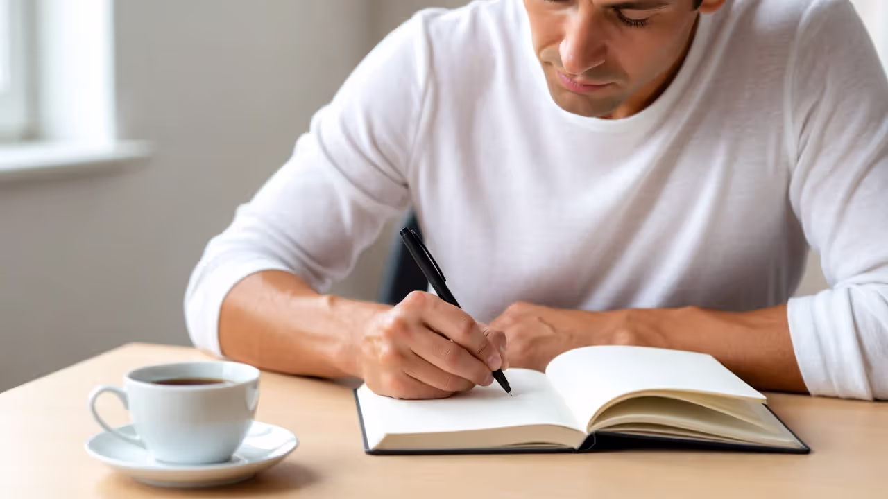 Adult writing affirmation note in notebook at table in daylight