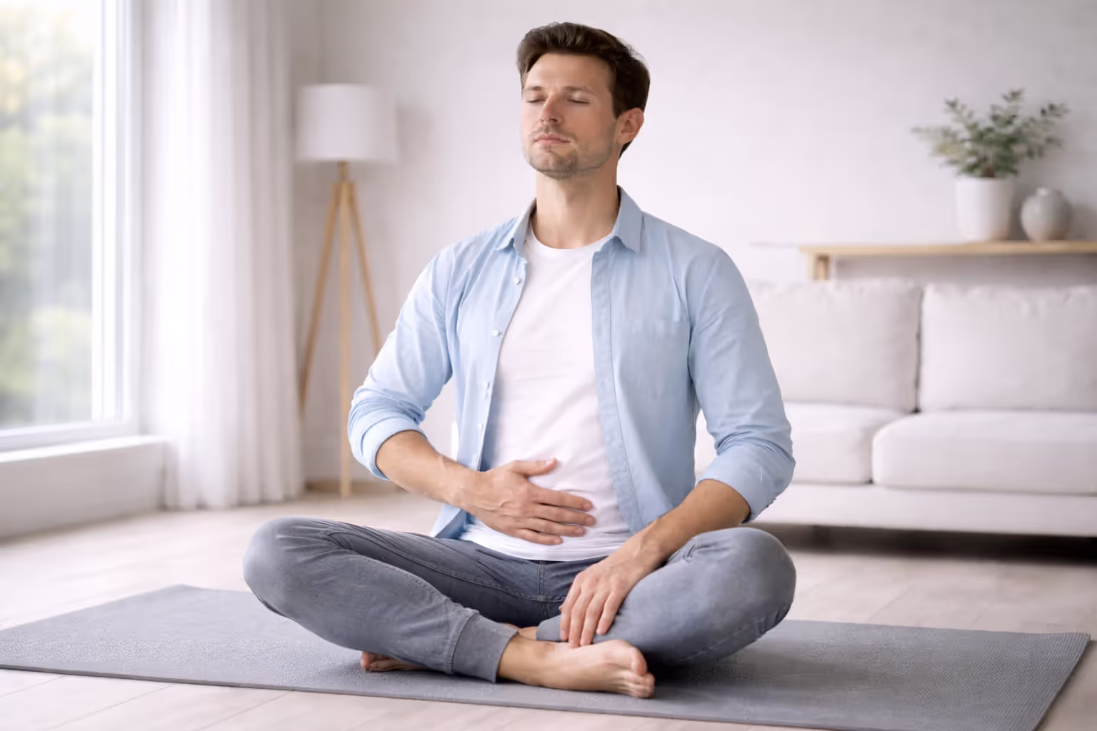 Adult meditating with hand on lower abdomen in neutral space