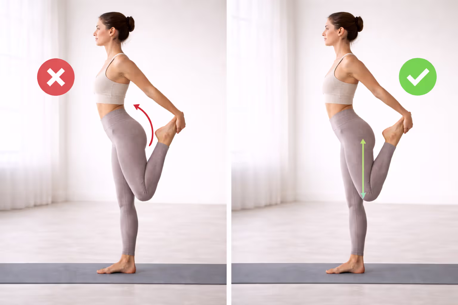 Side-by-side visual showing correct vs incorrect quad stretch posture: one image with excessive lower back arch, another with neutral pelvis alignment, subtle visual indicators (green check, red X), clear instructional fitness photography, neutral studio, horizontal 16:9, no text