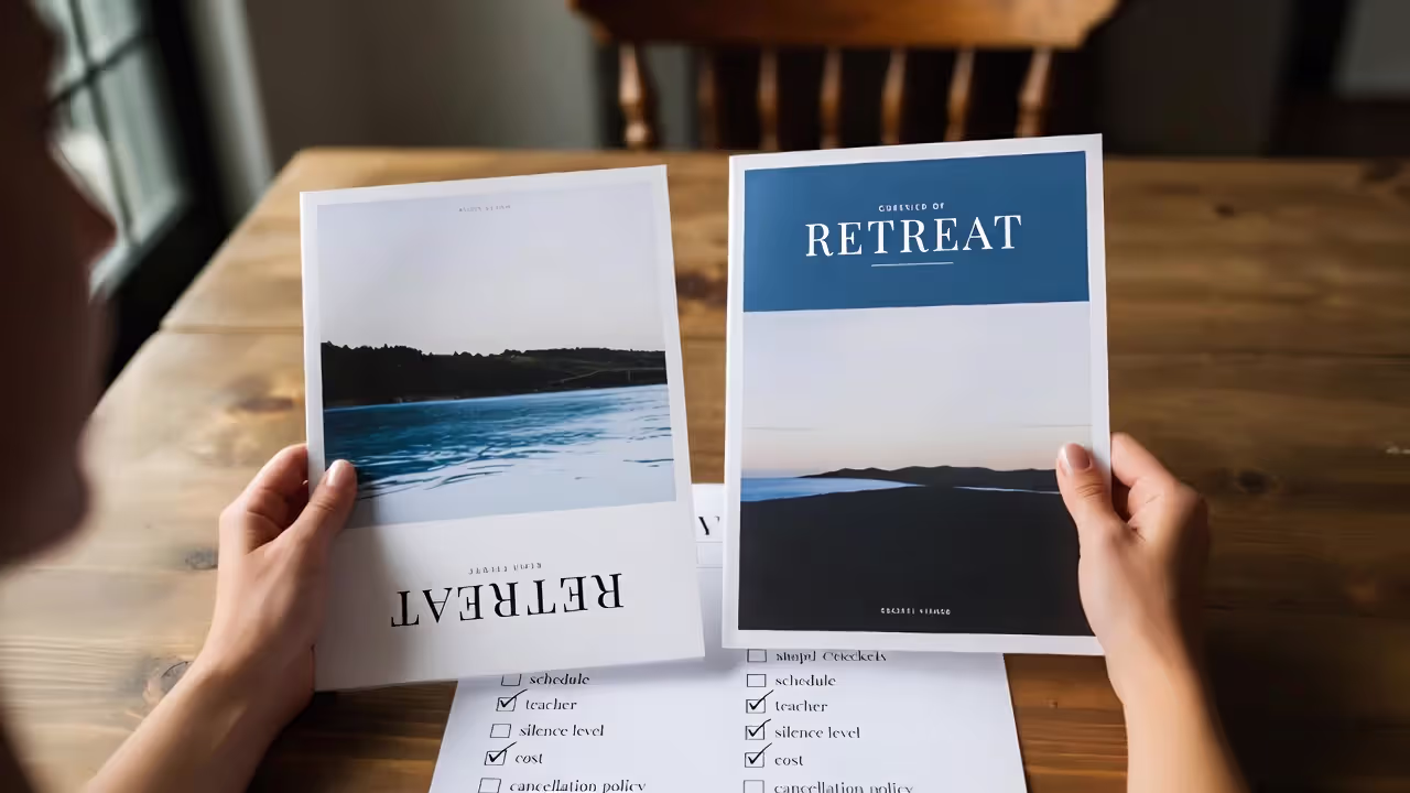 Person using a checklist to compare meditation retreat options by schedule, cost, and teaching style.