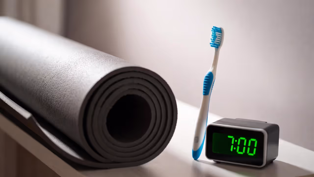 Unrolled yoga mat beside a toothbrush and alarm clock as a habit cue for daily practice.