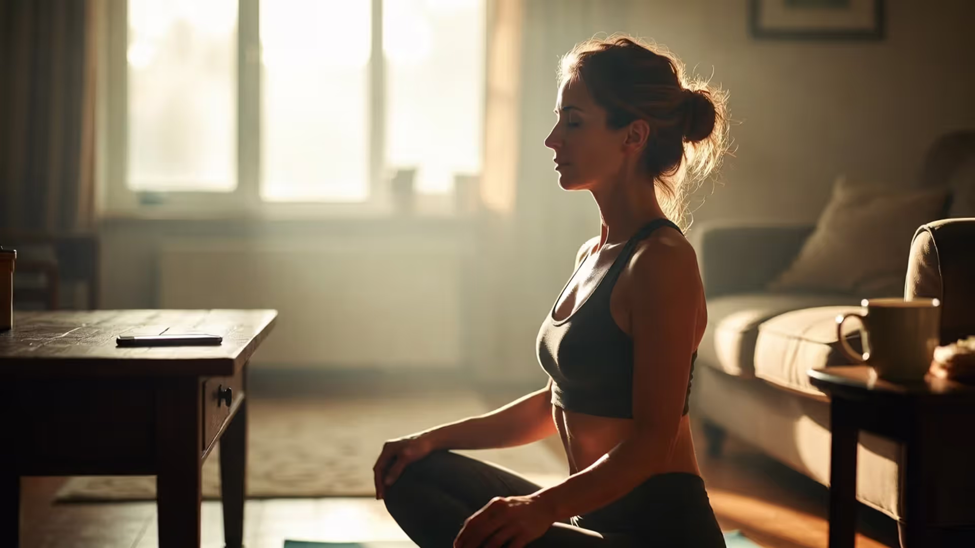 Woman sitting on a yoga mat in the morning doing calm breathing with a phone set aside.