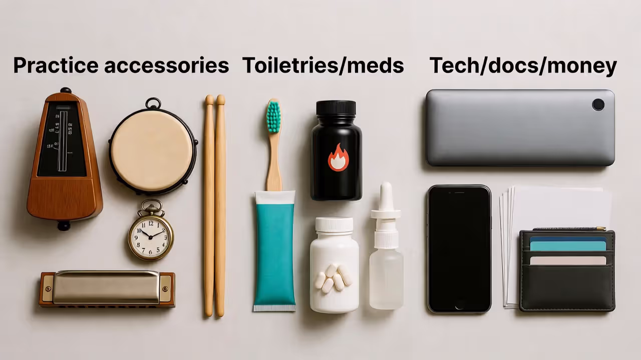 Flat-lay of grouped yoga retreat essentials: practice accessories, toiletries and meds, and tech and documents.