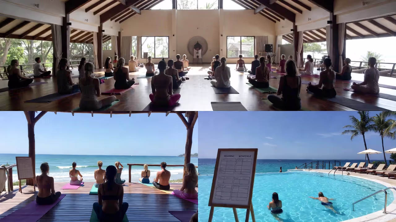 Three retreat formats: intensive meditation hall, balanced beach yoga, and resort-style optional class.