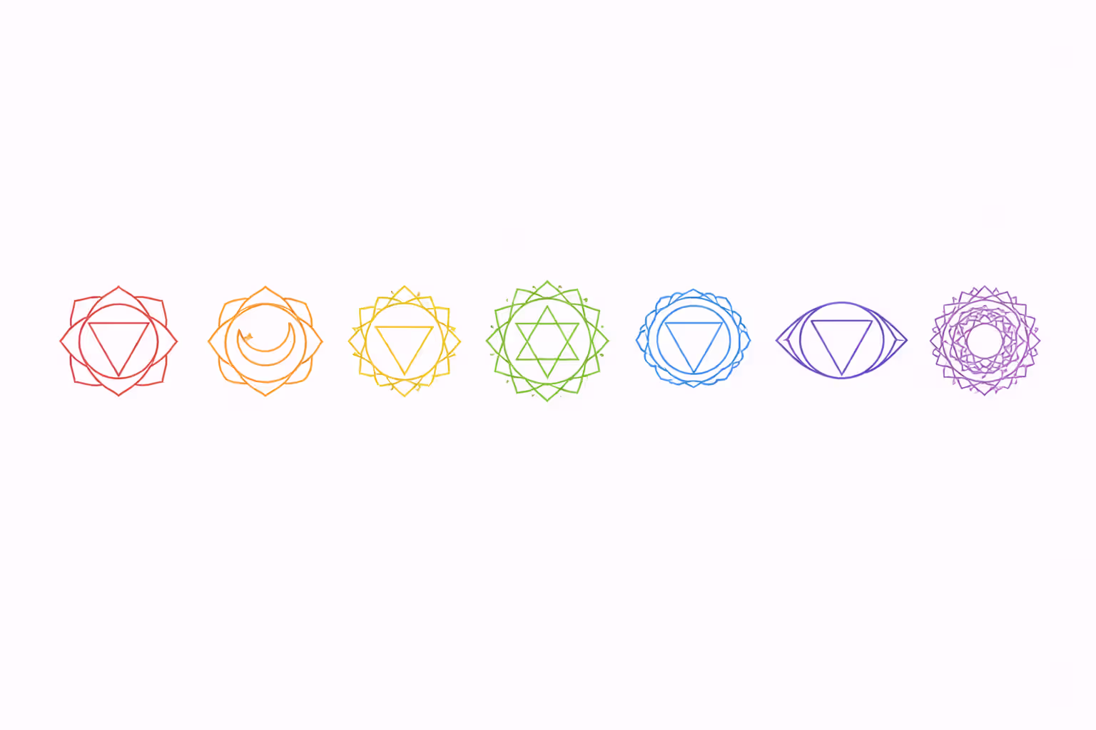 Simplified geometric symbols of the seven chakras arranged in a row