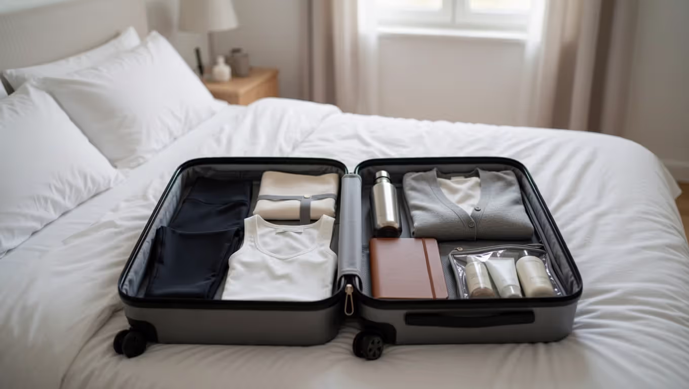 Packed suitcase with essentials for a yoga retreat.